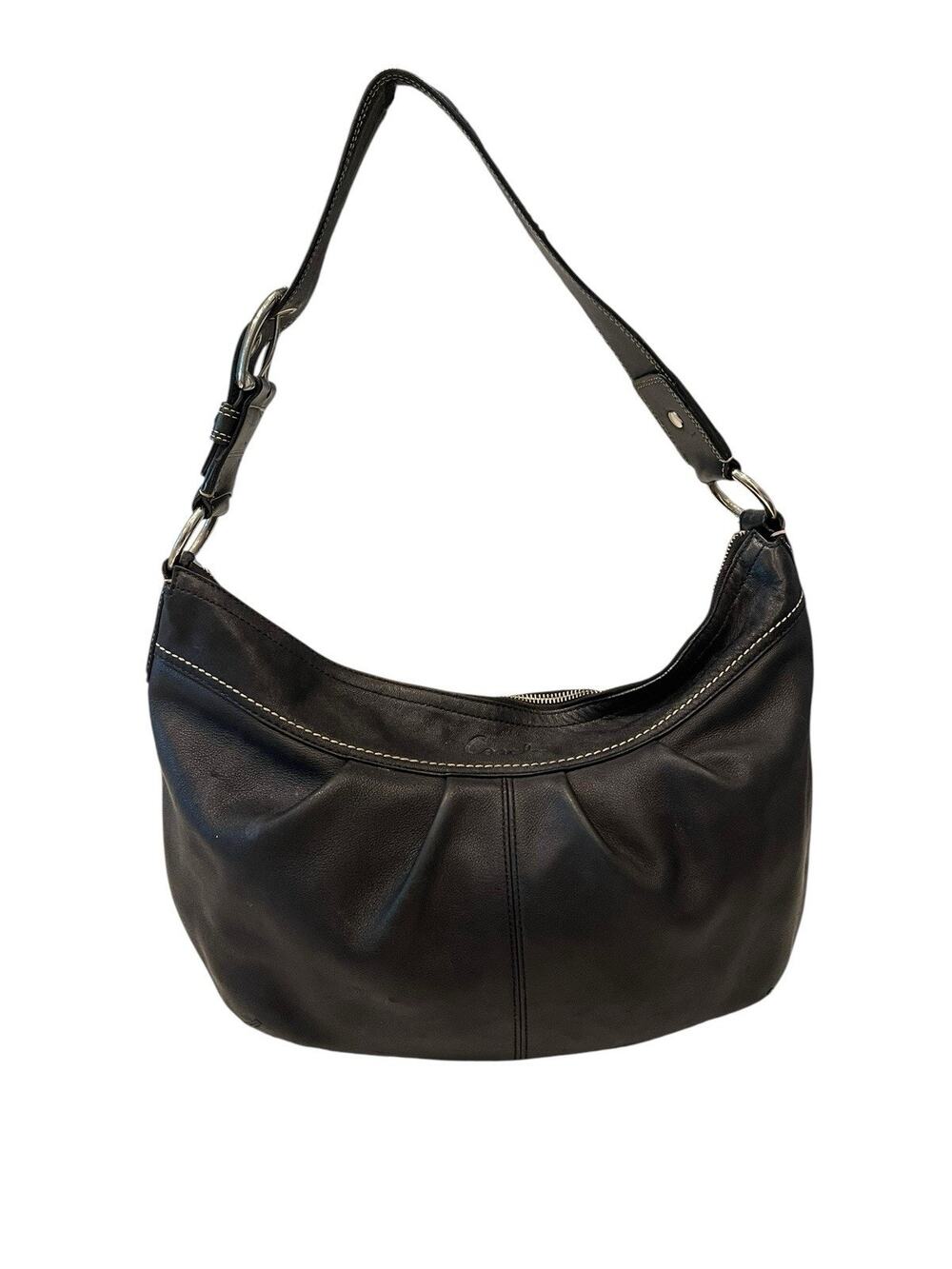 Coach Soho Pleated Hobo Shoulder Bag Womens Black Zip Top Silver Hardware